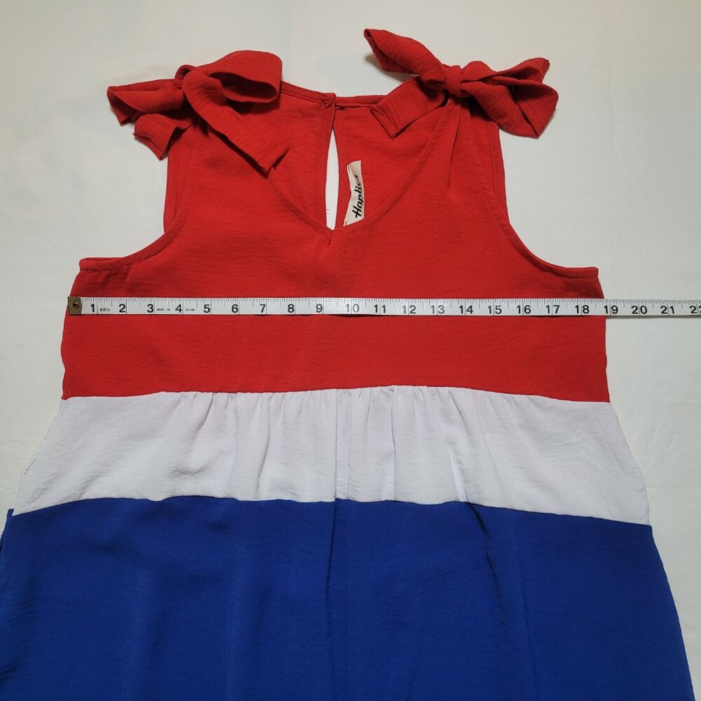 Haptics Patriotic Red White Blue Colorblock Romper Shoulder Ties Americana Small - Picture 3 of 11